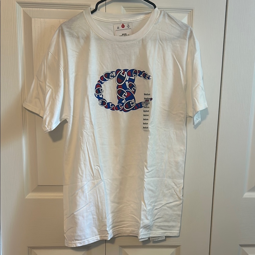 Champion White Tee with Blue and Red Graphic